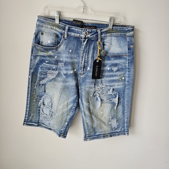 Skinny Fit Distressed Blue Denim Shorts with Stretch - Picture 2 of 15